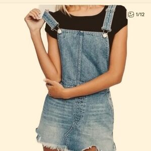 Free People Torn Up Denim Overall Dress Skirt 12